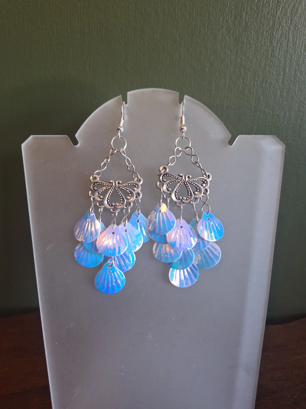 Iridescent Pink & Blue Shell Drop Earrings with Silver Filigree - Women Jewelry